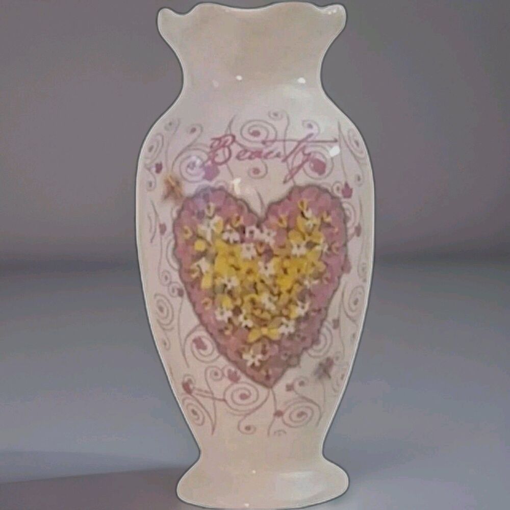 Victorian Style Pink And Beige Floral Decorative Ceramic 6" Vase Scalloped Rim